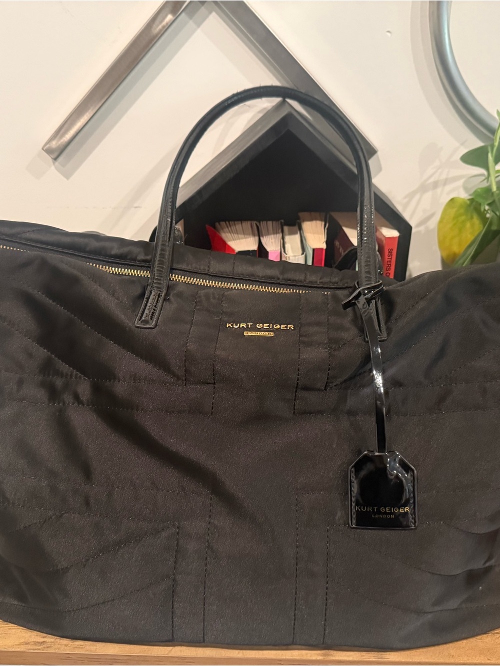 Kurt Geiger London Quilted Nylon Weekender Tote Bag | Black | Patent Handles